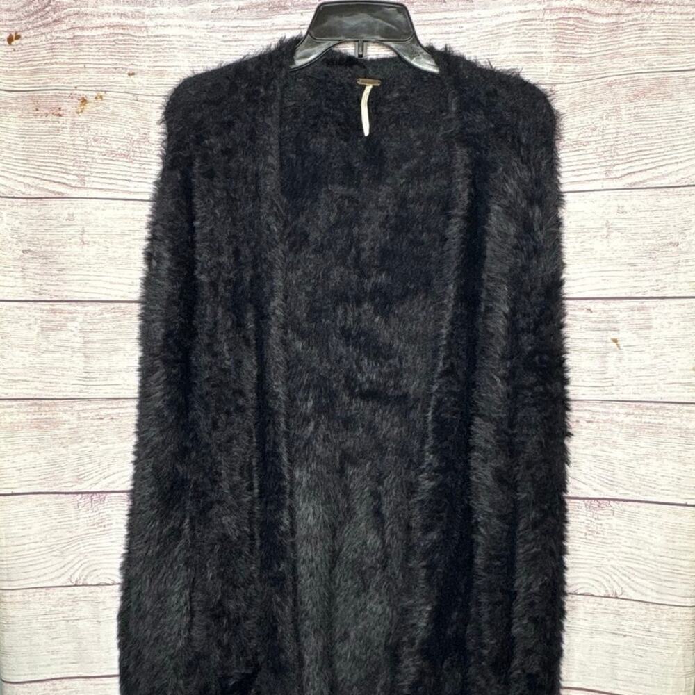 Free People Black Faux Fur Open Front Pocket Plush Cozy Cardigan Sweater Small - Picture 10 of 10